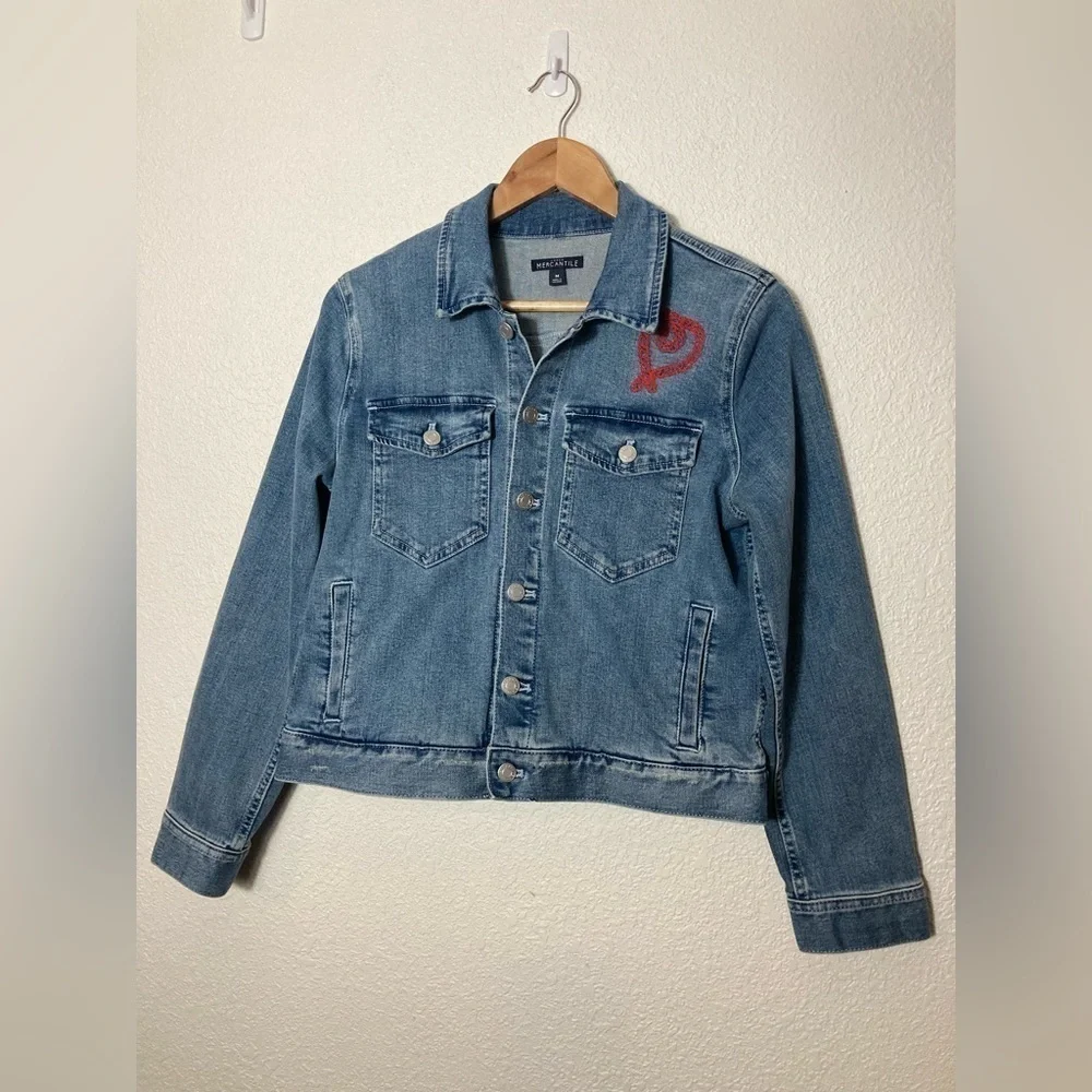 J Crew Mercantile denim jacket coat red heart accent stitching Medium
